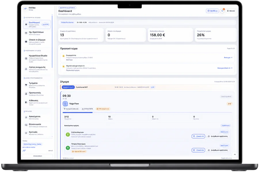 Κεντρικό dashboard fitVibe Plus για studio