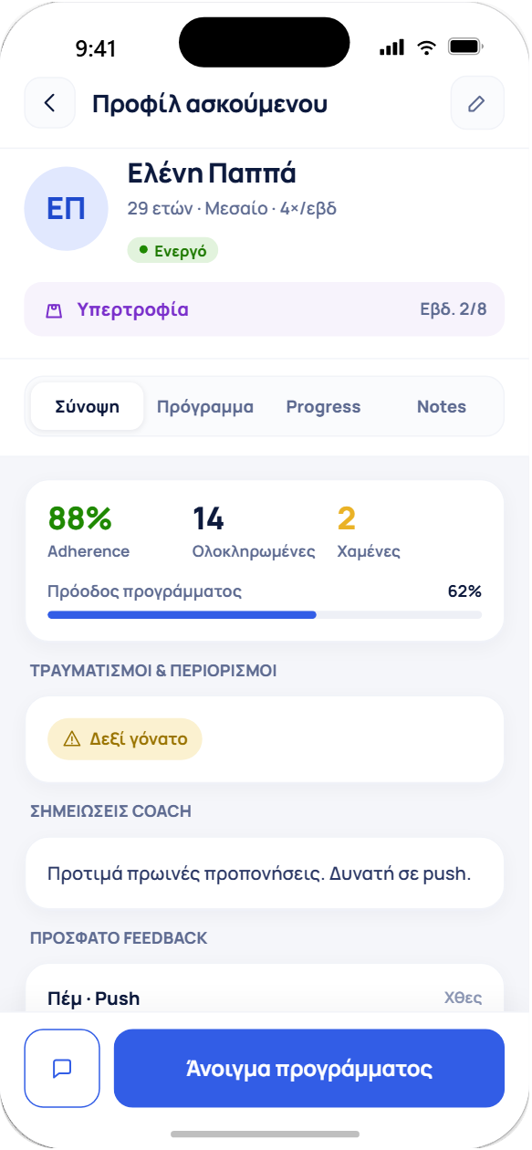 Πλήρες προφίλ ασκούμενου με στόχους και ιστορικό
