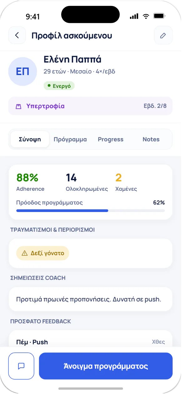 Πλήρες προφίλ ασκούμενου με στόχους και ιστορικό