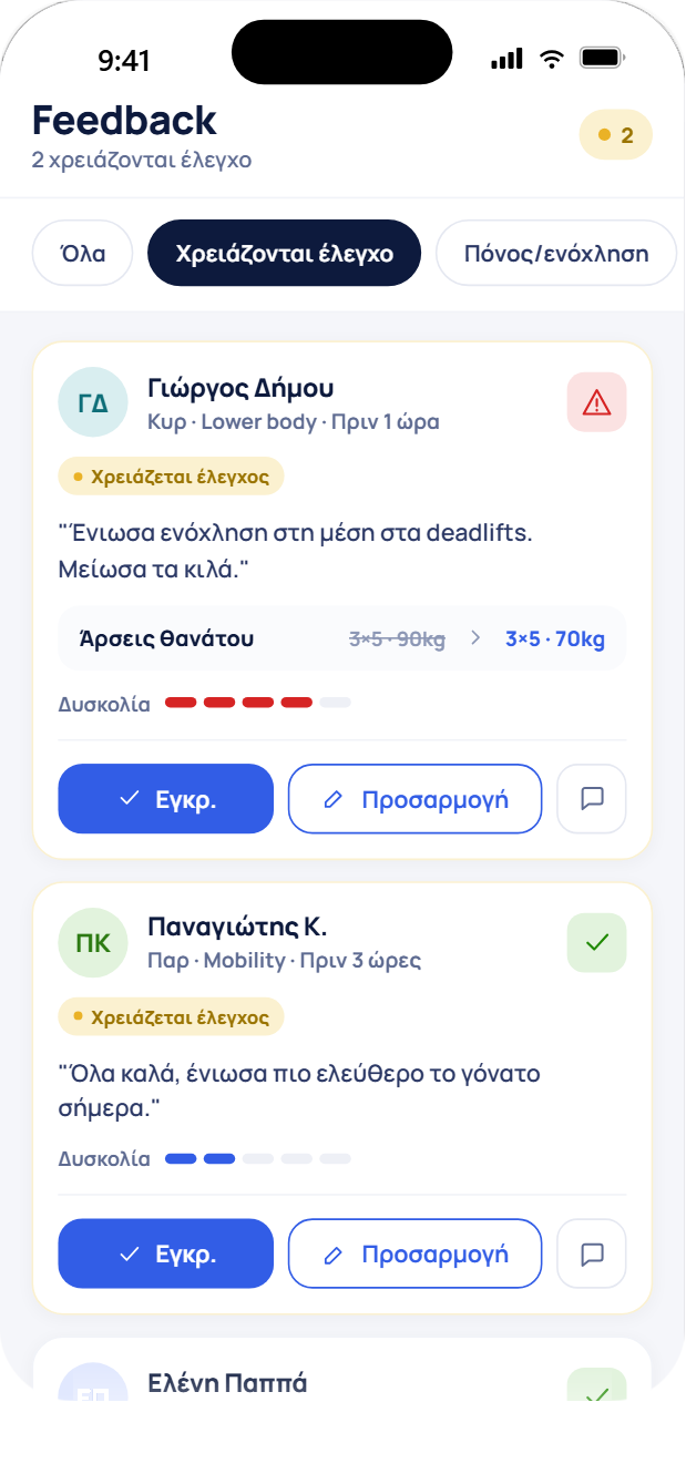 Feedback inbox από ολοκληρωμένες προπονήσεις