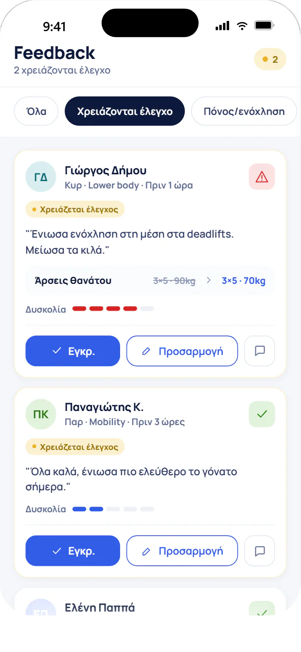 Feedback inbox από ολοκληρωμένες προπονήσεις