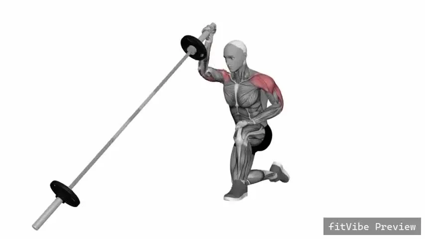 Οπτική επίδειξη της άσκησης Ημι-γόνατο Landmine πιέσεις με ένα χέρι πάνω από το κεφάλι